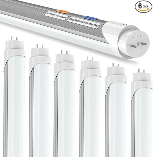 T8 T12 LED Bulbs 4 Foot, 4FT Tube Lights Type A+B Bulbs, 6CCT 3000K-6500K/5 Power(10W-24W) Selectable, T8/T12 4ft Fluorescent Tube Replacement, Plug and Play or Ballast Bypass, ETL DLC(6 Pack White)