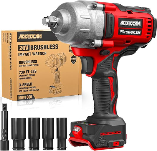 Cordless Impact Wrench, 1/2 inch Impact Gun for Milwaukee 18V Battery, 730Ft-lbs(1000N.m) Brushless High Torque Power Impact Wrench with 3-Mode Speed, LED Work Light, Belt Clip (Battery Not Included)