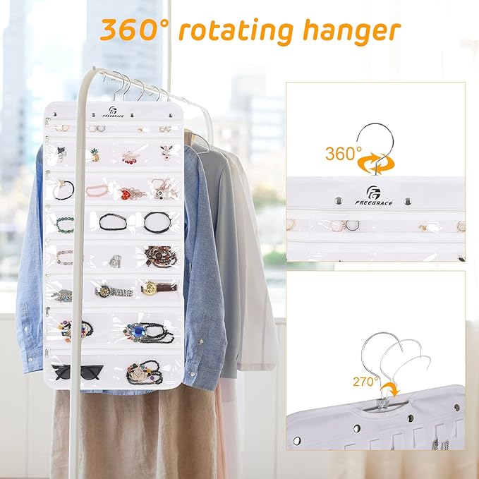 Freegrace Hanging Jewelry Organizer Revolving Hanger - Secure Zipper Closure - 50 Pockets - Foldable Storage & Display Solution - For All Jewelry & Bijoux (White)