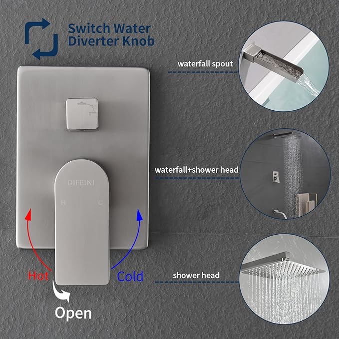 Shower Faucet Set with Waterfall Tub Spout Tub and Shower Trim Kit with Rough in Valve Waterfall Shower Tub Faucet Set Wall Mount Shower System Brushed Nickel