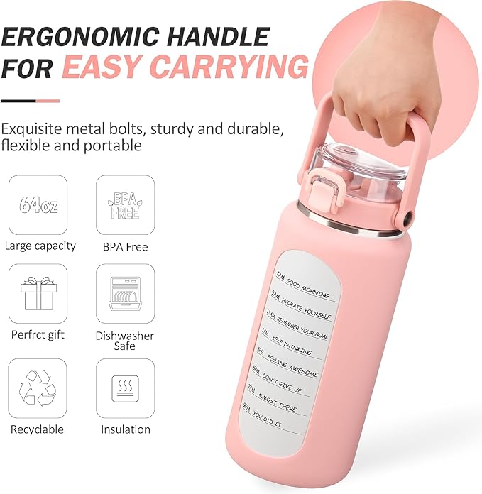 BLUEGO 64oz Insulated Water Bottle with Straw and Handle Leakproof Half Gallon Wide Mouth Motivational Water Bottle, 2-IN-1 Straw Spout Lid Stainless Steel Water Jug for Sport Travel Gym-Pink
