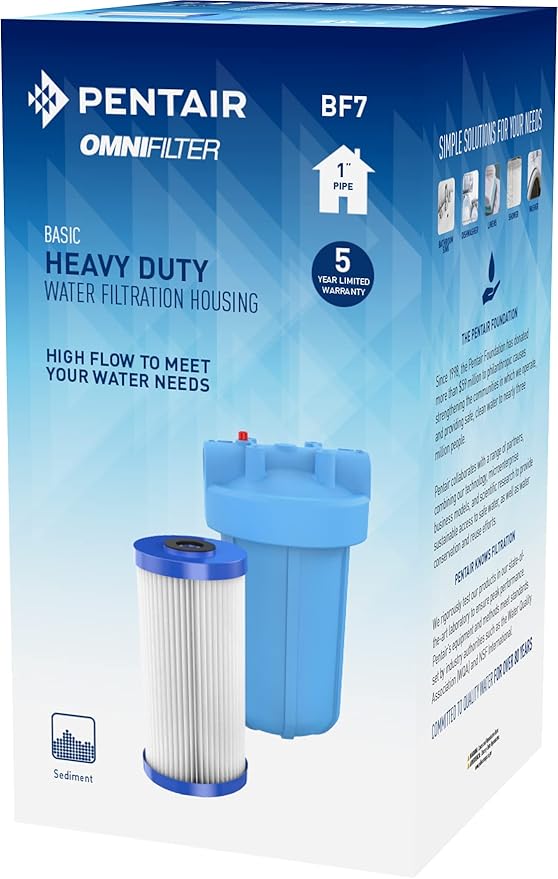 Pentair OMNIFilter BF7 Water Filtration System, 10" Basic Whole House Heavy Duty Filtration System, Includes 10" Blue Heavy Duty Housing, RS6 Sediment Reduction Cartridge and All Tools, 3 Piece Set