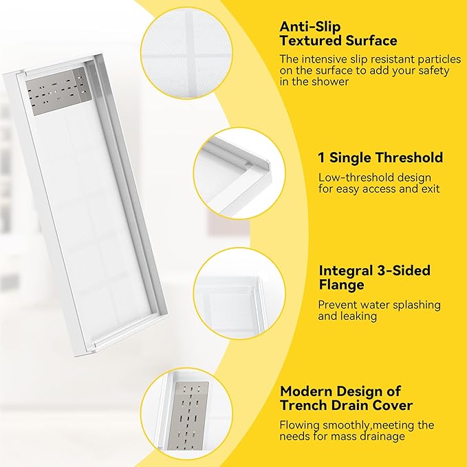 Sunrosa Shower Base 48"×36"×4", Single Threshold Shower Bases with Left Drain, Rectangle Solid Surface White Shower Pan, Slip Resistant Textured Surface, Include Stainless Steel Chrome Cover