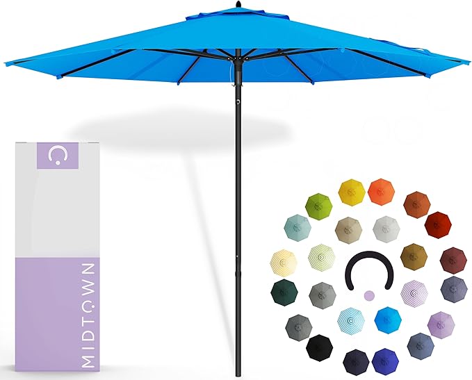 Midtown Umbrellas Push and Pop 10 Feet Outdoor Umbrella, Cobalt (Blue) Polyester Fabric - Fiberglass Ribs Deck Patio Umbrella, Backyard Umbrella, Garden Umbrella & Pool Umbrella - Black Pole
