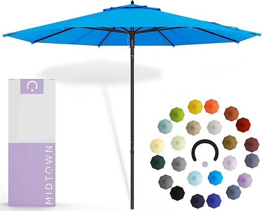 Midtown Umbrellas Push and Pop 10 Feet Outdoor Umbrella, Cobalt (Blue) Polyester Fabric - Fiberglass Ribs Deck Patio Umbrella, Backyard Umbrella, Garden Umbrella & Pool Umbrella - Black Pole