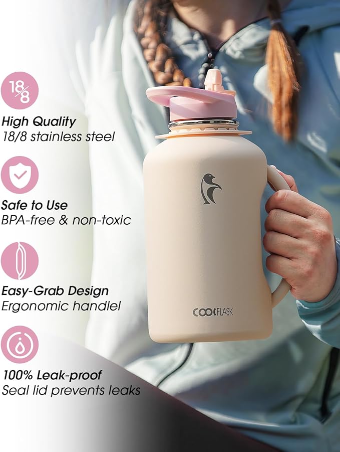 64oz Insulated Water Bottle, Coolflask Half Gallon Water Jug With Handle Straw Stainless Steel Double-Walled Vacuum Metal Large Flask With Strap Non-BPA Leakproof, Keep Cold 48 Hrs, Apricot Pink