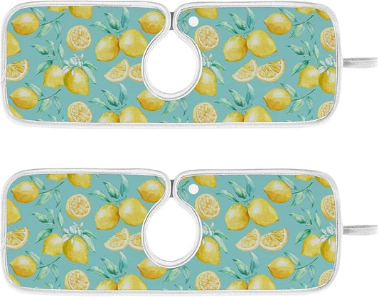 Lemon Turquoise Faucet Water Catcher Mat 2 Pack Flowers Leaves Summer Drying Mat Absorbent Bathroom Faucet Handle Drip Catcher Tray Bar RV Kitchen Sink Splash Guard 14x5 Inches
