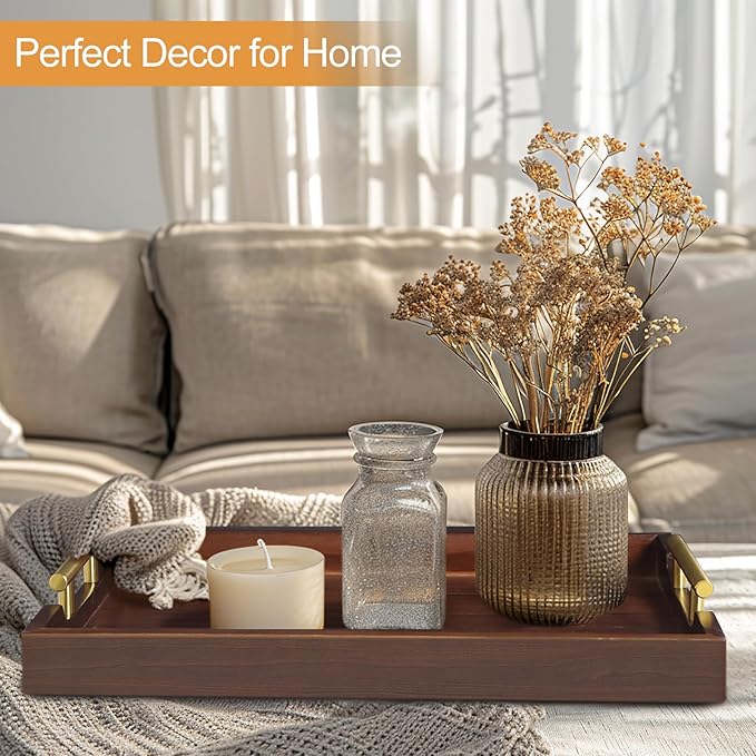 Coffee Table Tray - Large Ottoman Trays for Living Rooms - Wood Serving Tray with Handles(2 Sets) - Wooden Tray for Coffee Table, 4 Round Coasters Included, Dark Brown