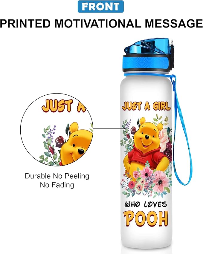 Winnie Pooh 32 Oz Water Track Bottle, Just A Girl Water Bottle With Time Marker, Pooh Bear Motivational Insulated Water Bottle, Gifts For Family Friend