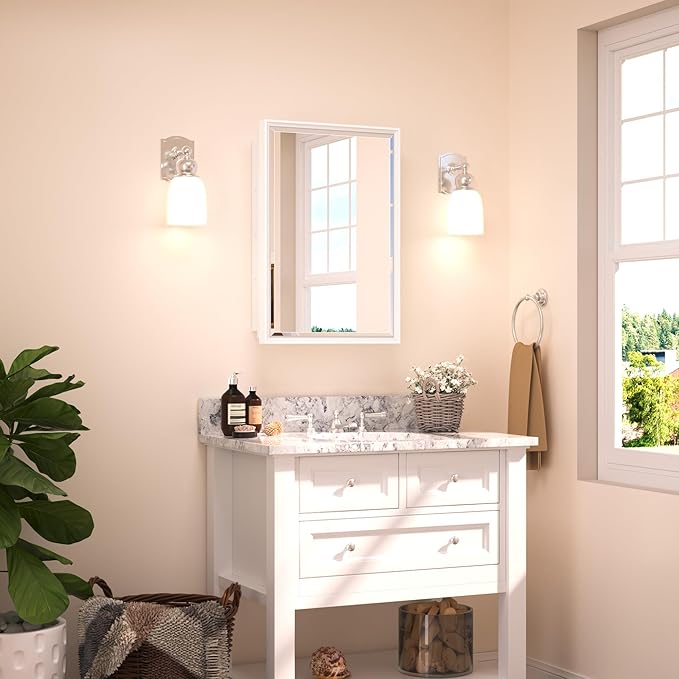 TETOTE Medicine Cabinet Mirror for Bathroom White Framed 17x25 Inch Aluminum Framed Surface or Recessed Wall-Mounted Medicine Cabinets Beveled Mirror with Storage 1 Door Modern Farmhouse