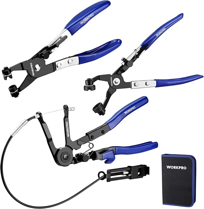 WORKPRO 3-Piece Hose Clamp Pliers Set with Pouch - 27" Long Reach Wire Spring Hose Clamp Plier & Angled Spring Clamp & Flat Band Pliers for Removal, Installation of Ring