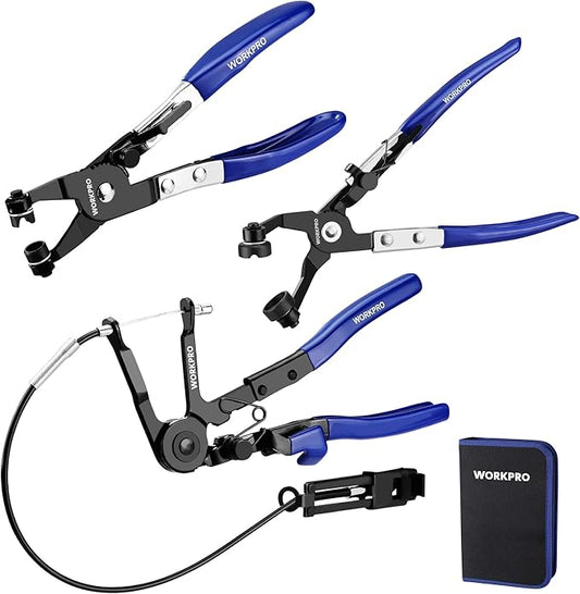 WORKPRO 3-Piece Hose Clamp Pliers Set with Pouch - 27" Long Reach Wire Spring Hose Clamp Plier & Angled Spring Clamp & Flat Band Pliers for Removal, Installation of Ring