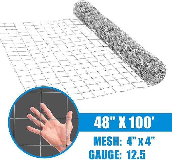 Fencer Wire Welded Wire Fence 12.5 Gauge, Galvanized Welded Fence Wire Roll, Mesh Size 4-Inch x 4-Inch, Hog Wire Fencing Cage, Multiple Use for Home Improvement & Animals Enclosure (4ft. x 100ft.)
