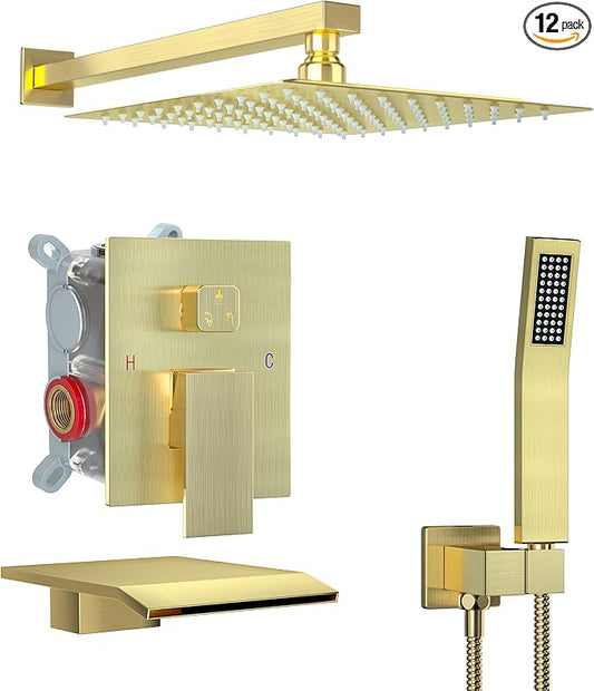 10 Inch Shower Faucet Set with Tub Spout Wall Mounted Shower System for Bathroom with High Pressure 10 Inch Rain Shower head and Handheld Shower Head Set, Brushed Gold