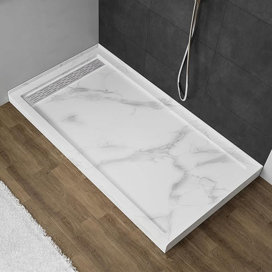 MORVANO 60 x 32 Shower Base with Single Threshold Rectangular Left Drain Location Shower Base,Shower Pan With Stainess Steel Cover,Marble White Acrylic Shower Base