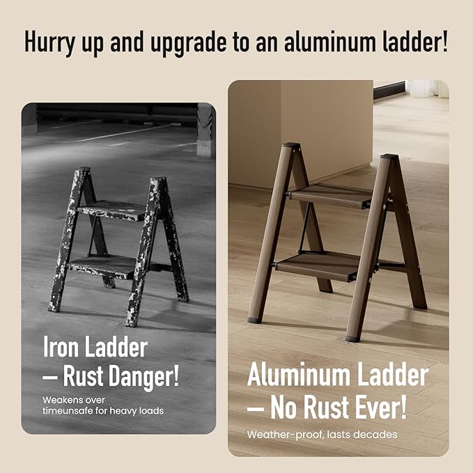 2 Step Ladder,Aluminum Folding Step Stool for Adults,Step Ladder with Wide Anti-Slip Pedal,330 lbs Capacity for Home,Office,Kitchen,Library(Walnut)