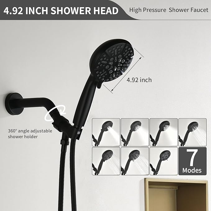 Single-Handle Shower Faucet Set Matte Black Shower Head and Handle Set Shower Valve Kit with 7 Modes ABS Handheld Spray Matte Black Shower Fixtures Shower Valve and Trim Kit