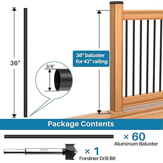 60 Pack 36-Inch Aluminum Deck Balusters, 3/4" OD Hollow Round Deck Spindle with Drill Bit, Metal Black Porch Picket for Deck Railing Fencing Outdoor Indoor Staircase