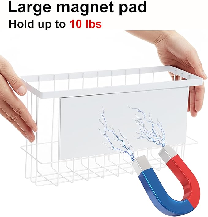 Magnetic Basket for Fridge, Magnetic Fridge Basket, Foil and Plastic Wrap Organizer with 4 hooks, Laundry Room Organization for Dryer Ball, Cling Film, Mail, Umbrella, White, 2 Pack