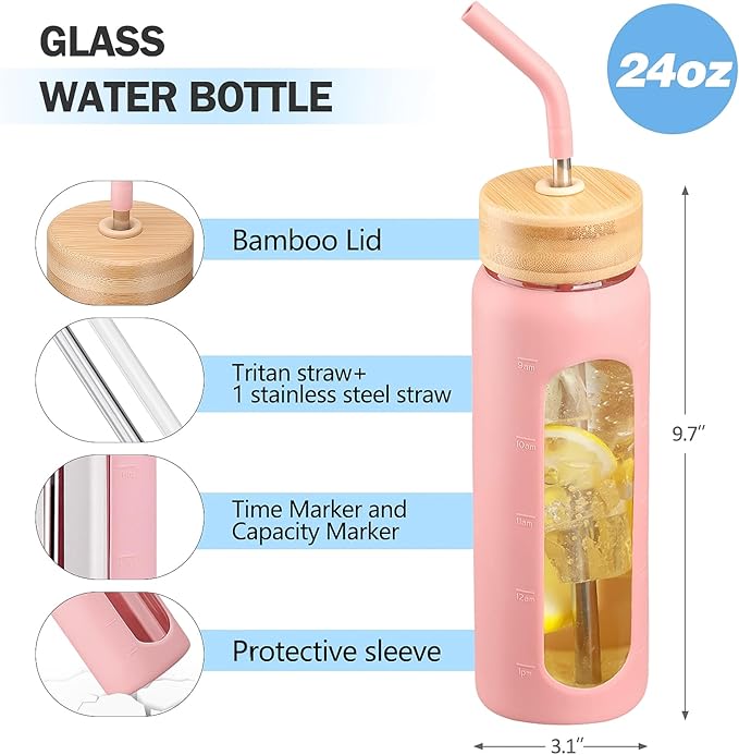 Glass Water Bottles with Straw -24oz- Water Bottle Phone Holder for Gym Sports Water Bottles with Silicone Sleeve Glass Drinking Bottles 2 Lids - Spout & Bamboo Straw Lid(Pink)