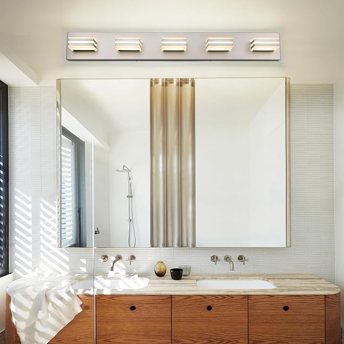 LED Wall Brushed Nickel Vanity Lights for Bathroom Light Fixtures 30W Adjust 3 Colors Modern Bath Lighing Over Mirror LED Vanity Light (5-Light,34inch)