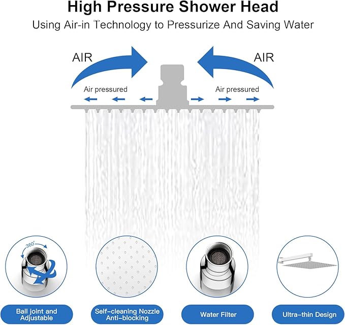 RUMOSE Polished Chrome Rainfall Shower System 12 Inch High Pressure Square Head with 2 in 1 Handheld Spray Wall Mount Brass Bathroom Shower Faucet Set with cUPC Certified Rough-in Valve