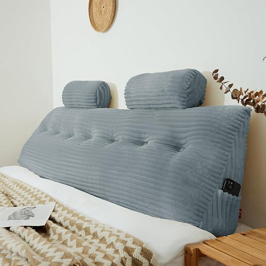 Headboard Wedge Pillow King with 2 Pack Neck Roll Pillow Large Headboard Pillow Soft and Supportive with Removable Cover (Light Grey, King：76x8x20 Inches)