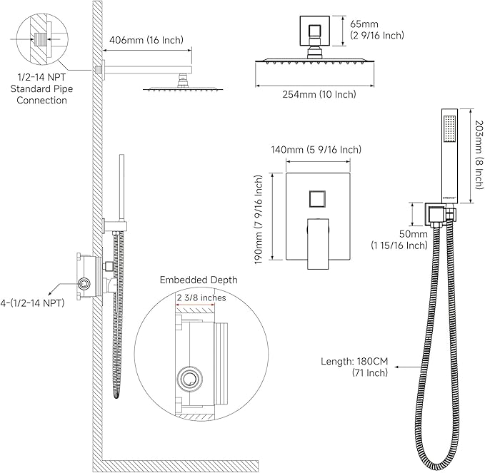 Black Shower System Sets Faucet: EMBATHER 10 Inch Overhead Rainhead Shower Combo Set with Handheld and Valve-Luxury Rain Mixer Rainfall Black Shower Faucets Sets Complete