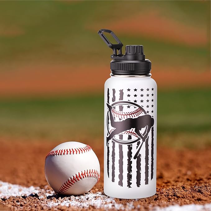 Cutiset 32 oz Baseball Water Bottle with Lids, Stainless Steel Leak Proof Sports Water Flask, Vacuum Metal Water Bottle,Baseball Player