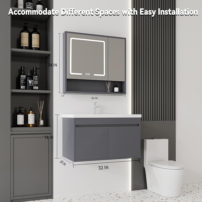 32'' Bathroom Vanity with Ceramic Sink Combo and Medicine Cabinet Mirror with Led Light/Defog, Wall Mounted Small Bathroom Vanity with Soft-Close Door Modern Floating Cabinet, Gray(No Faucet)