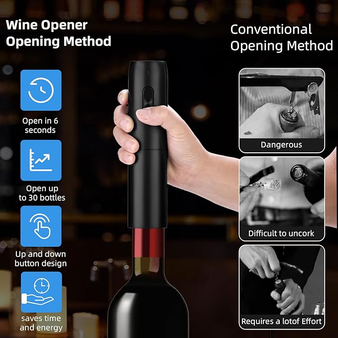 Wine Opener Electric Wine Bottle Openers Electric Wine Openers Set with Rechargeable Base Automatic Wine Opener Rechargeable with Foil Cutter Vacuum Preservation Stoppers Wine Dispenser Storage Base