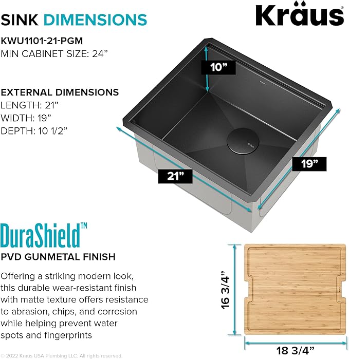 KRAUS Kore 21 Inch Undermount Workstation 16 Gauge Stainless Steel Single Bowl Kitchen Sink n PVD Gunmetal Finish with Accessories, KWU1101-21-PGM