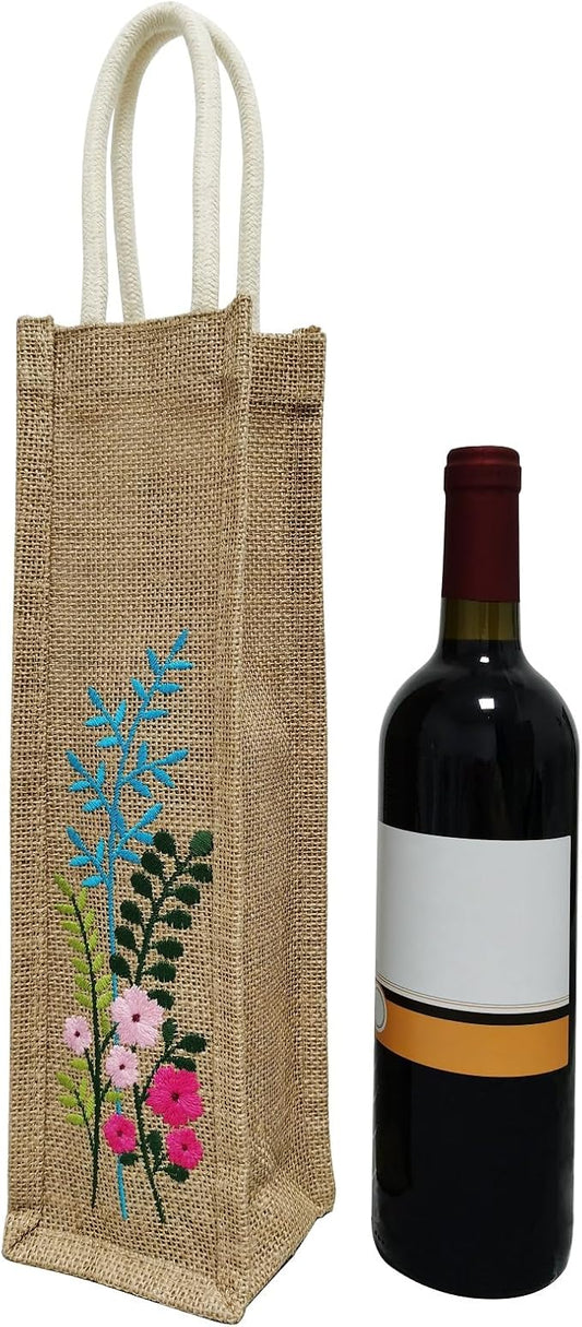 Embroidery Burlap Wine Bags, Reusable Bottle Bag for Picnic Wedding Beach Party Birthday Christmas Holiday Travel Home Storage