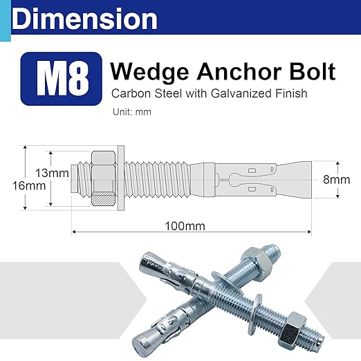 30Pcs M8×100mm Wedge Anchor Bolt, Carbon Steel Zinc Plated, Concrete Anchor Screws Kit, Anti-Rust Metric Expansion Bolts