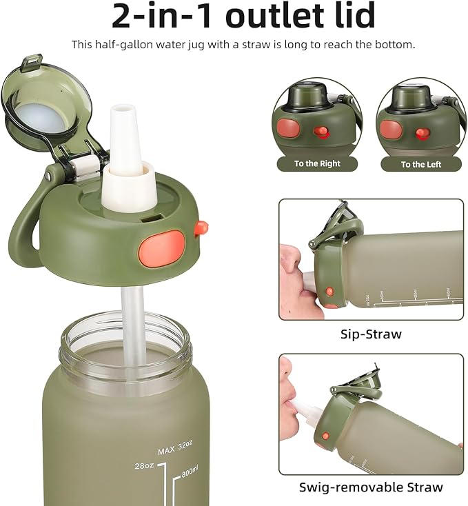 SIEROZUR 32 oz Glass Water Bottle with Straw and Handle Large Sports Motivational Water Bottle with Locking Lid and Time Marker Leakproof Water Jug for Daily Hydration Intake BPA Free