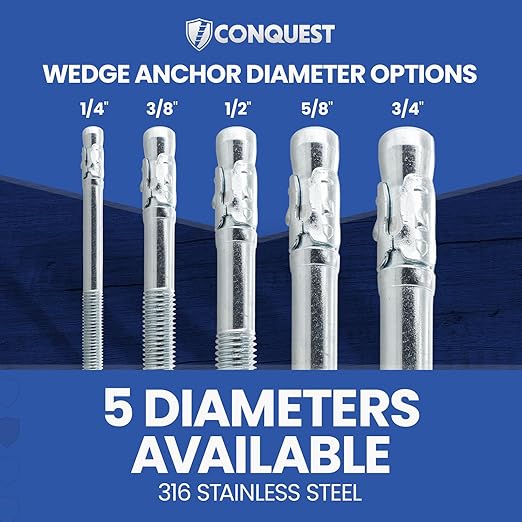 Conquest 316 Stainless Steel Concrete Wedge Anchors 3/4" x 7" - Heavy Duty Anchor Bolts for Marine, Coastal, and Outdoor Environments (10 Pack)