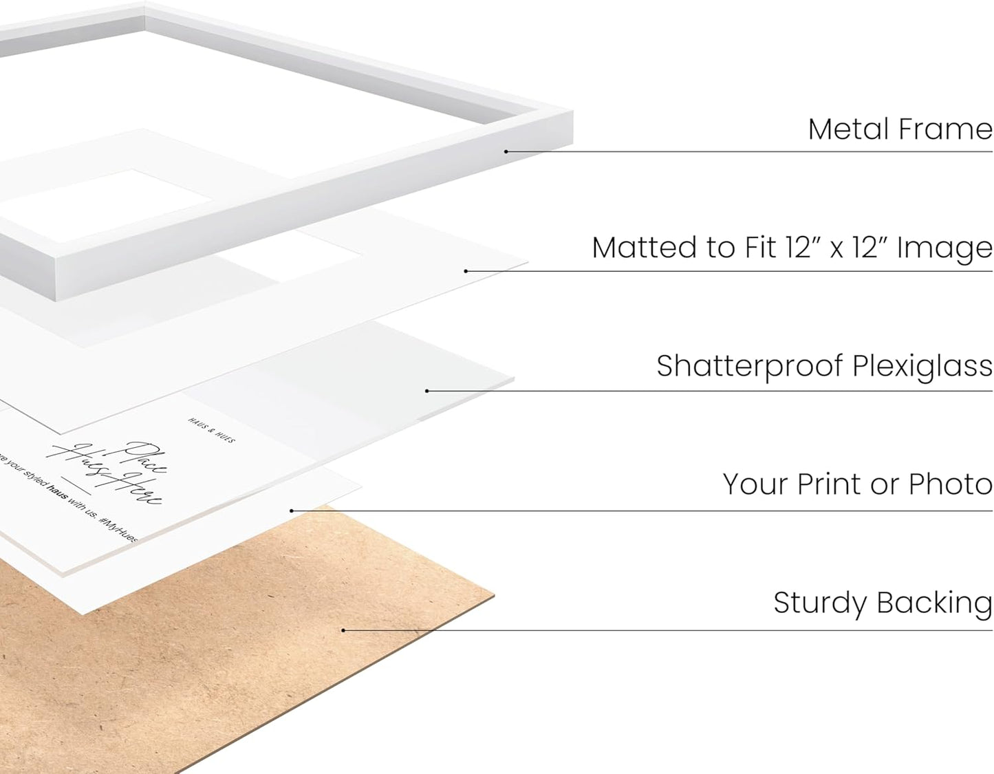 HAUS AND HUES 16x16 White Metal Picture Frames Matted to 12x12 - Features Premium Aluminum & Hanging Hardware, Shatterproof Plexiglass - Ideal for Home, Room, Office (16x16 in, White, Set of 3)