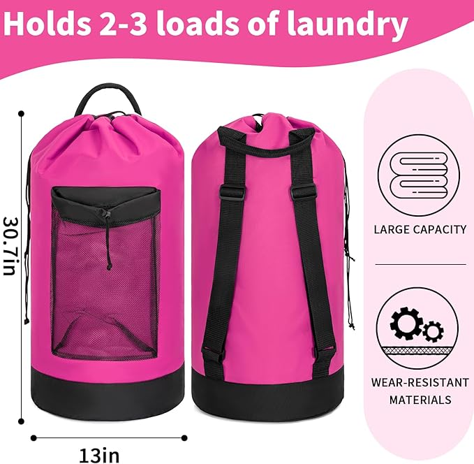 Laundry Bag Backpack with Shoulder Straps and Mesh Pocket Foldable Laundry Hamper for College, Apartment, Laundromat (Pink)