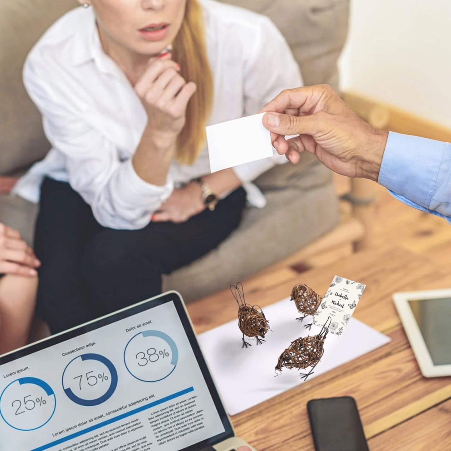 Natural Farmhouse Decor Set of 3 - Handwoven Rattan Bird Statue Table Decor, Multi-Pose Shelf & Mantel Accents
