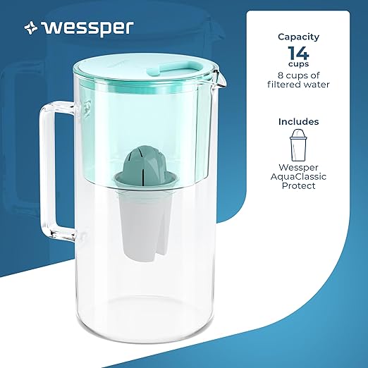 D2 Borosilicate Mint Glass Water Filter Pitcher Crystal Clear Hydration 8-Cup Capacity | 2in1 Water Purifier Pitcher and Stylish Water Carafe | Efficient Filtration for Pure, Refreshing Water