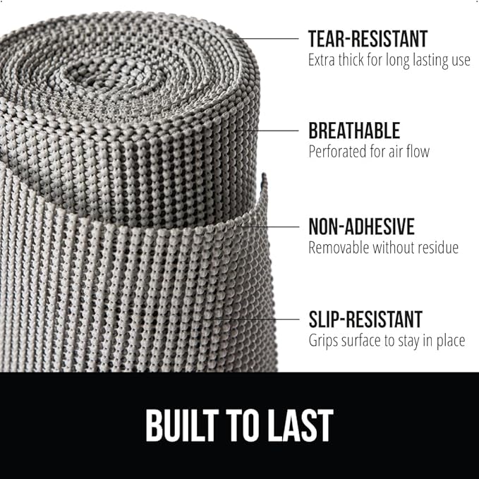 Gorilla Grip powerGRIP Drawer Shelf and Cabinet Liner, Thick Strong Hold, Non-Adhesive Liners Protect Kitchen Cabinets and Cupboard, Bathroom Drawers, Easy Install, Breathable Mat, 20" x30', Gray