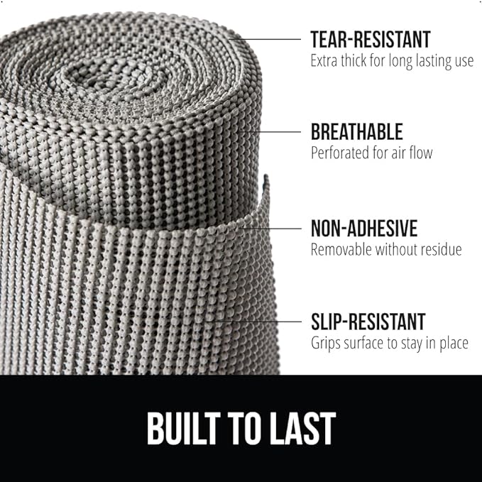 Gorilla Grip powerGRIP Drawer Shelf and Cabinet Liner, Thick Strong Hold, Non-Adhesive Liners Protect Kitchen Cabinets and Cupboard, Bathroom Drawers, Easy Install, Breathable Mat, 12" x30', Gray