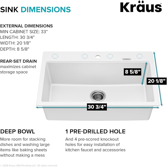 KRAUS Quarza 31-inch Granite Drop-In/Undermount Single Bowl White Kitchen Sink, KGD-412BWHITE
