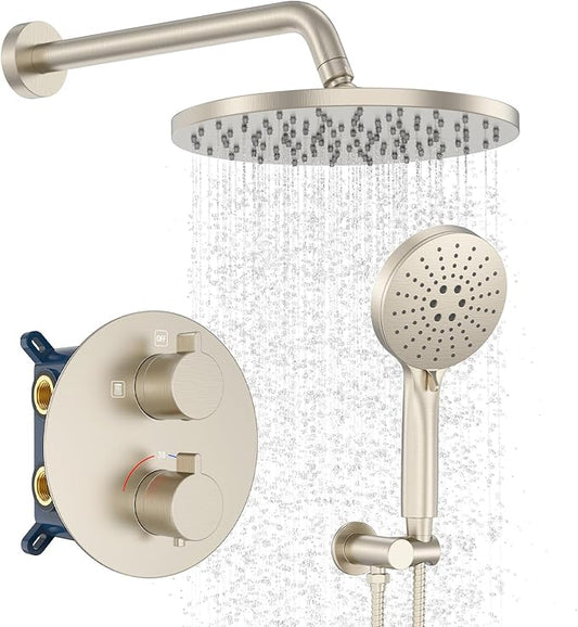 Iriber Thermostatic Shower System Wall Mount with 10 Inch Roud Rainfall Shower Head and Handheld,Shower Faucet Mixer Trim Kit (Valve Included),Brushed Nickel