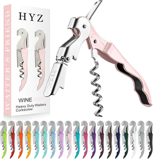 HYZ Stainless Steel Waiter Corkscrew (2-Pack), Pink, Professional Wine Key with Foil Cutter, Manual Wine Bottle Opener, Double Hinged