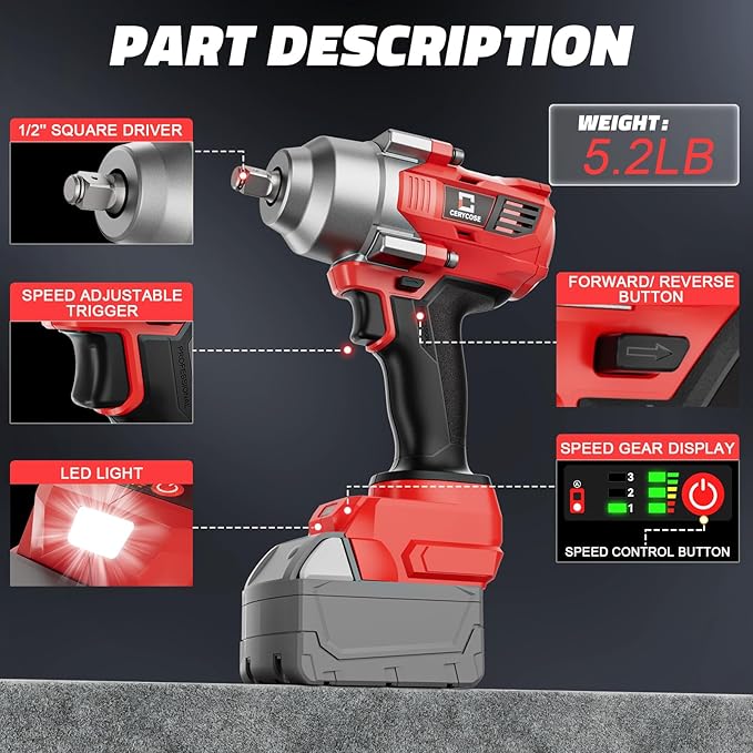 Cordless Impact Wrench 1/2 inch for Milwaukee 18v Battery – Brushless High Torque Impact Driver Gun with 750Ft-lbs Torque, LED Work Light, Ergonomic Design for Heavy-Duty Performance(no battery)