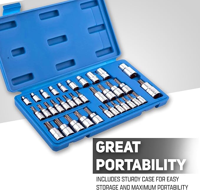Neiko 10070A Torx Bit Socket and E-Torx Star Socket Set | 35-Piece Set, S2 and Cr-V Steel, 1/4”, 3/8” and 1/2-Inch Drive