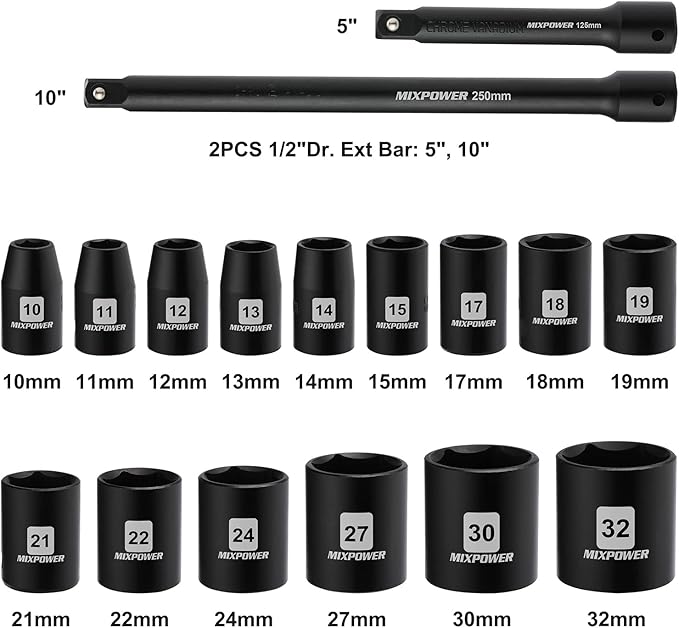 MIXPOWER 17 Pieces 1/2-Inch Drive Shallow Impact Socket Set, Includes 10mm to 32mm, 5", 10" Extension bars, CR-V, 6 Point Metric Socket Set