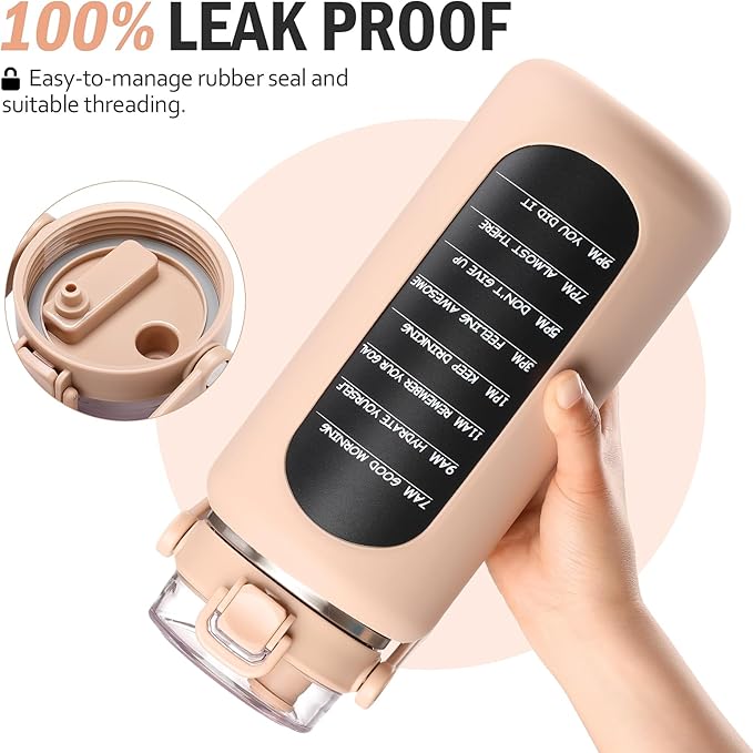 BLUEGO 64oz Insulated Water Bottle with Straw and Handle Leakproof Half Gallon Wide Mouth Motivational Water Bottle, 2-IN-1 Straw Spout Lid Stainless Steel Water Jug for Sport Travel Gym-Amber