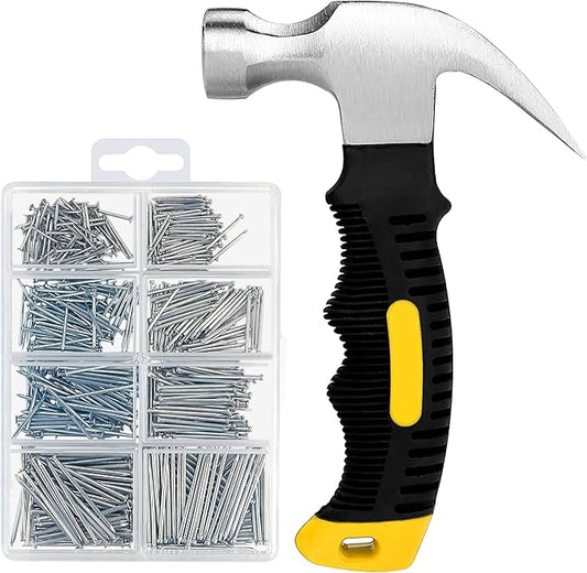 KURUI 700PCs Small Nails for Hanging Pictures & 8oz Small Hammer, Mini Hammer for Hanging Wall Decor, 280 Roofing/Wall Nails & 280 Finishing Nail, Picture Hangers Assortment Kit